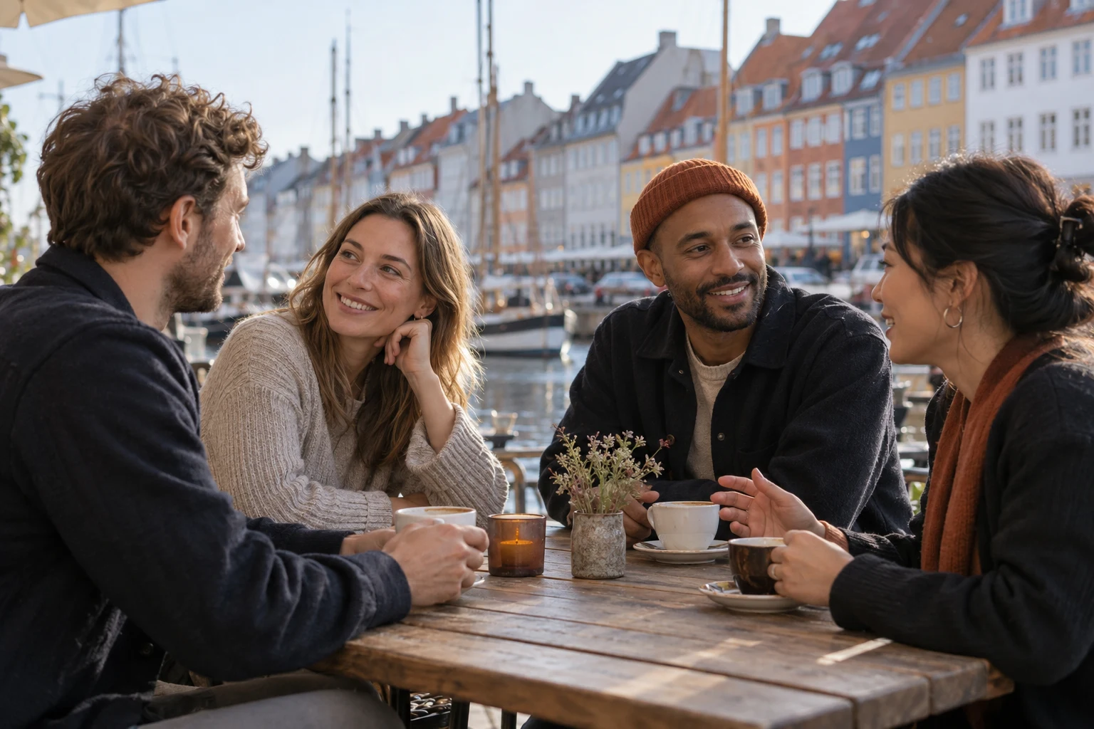 Four adults sharing coffee and conversation at a waterfront cafe, with their phones put away.
